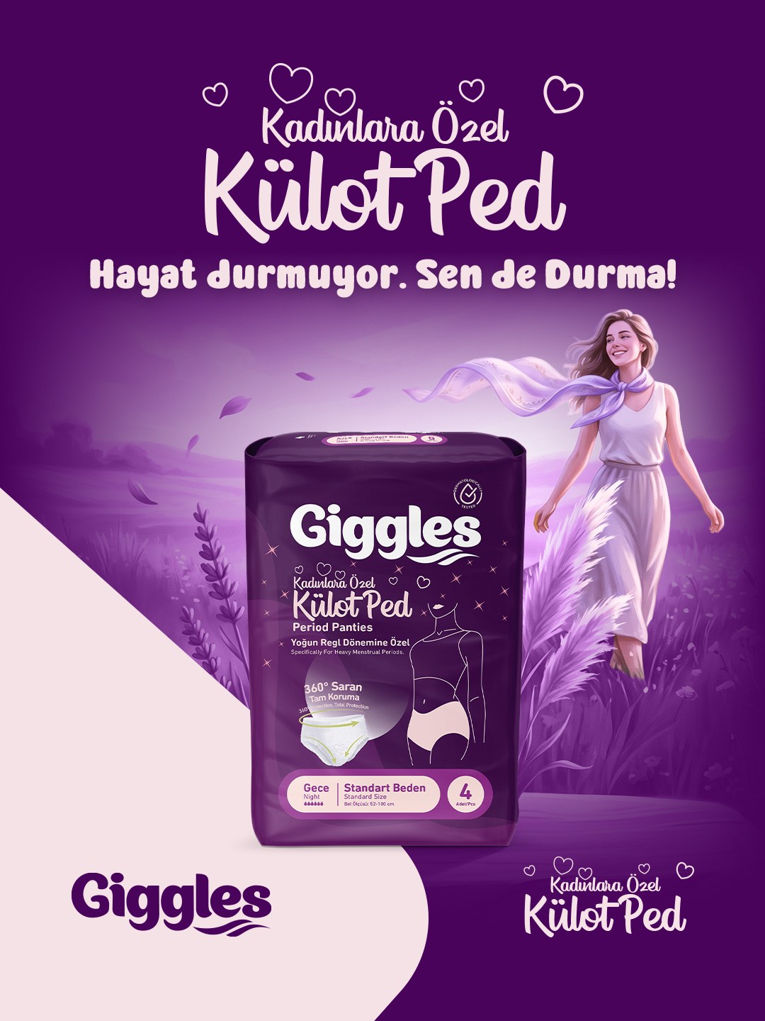 Kadınlara özel külot ped başlıklı Giggles kampanya afişi