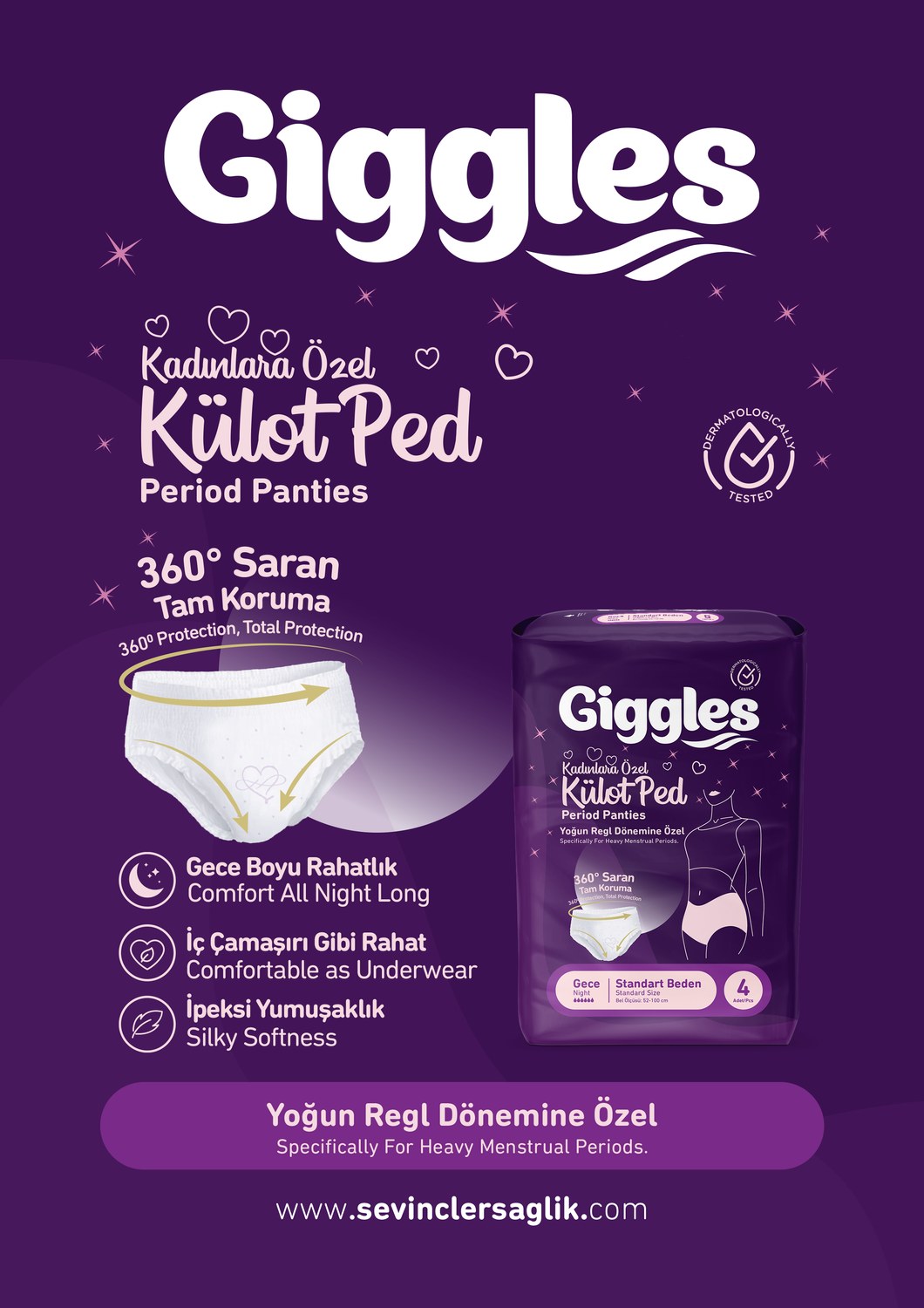 Giggles Külot Ped özelliklerini maddeler hâlinde gösteren tanıtım afişi