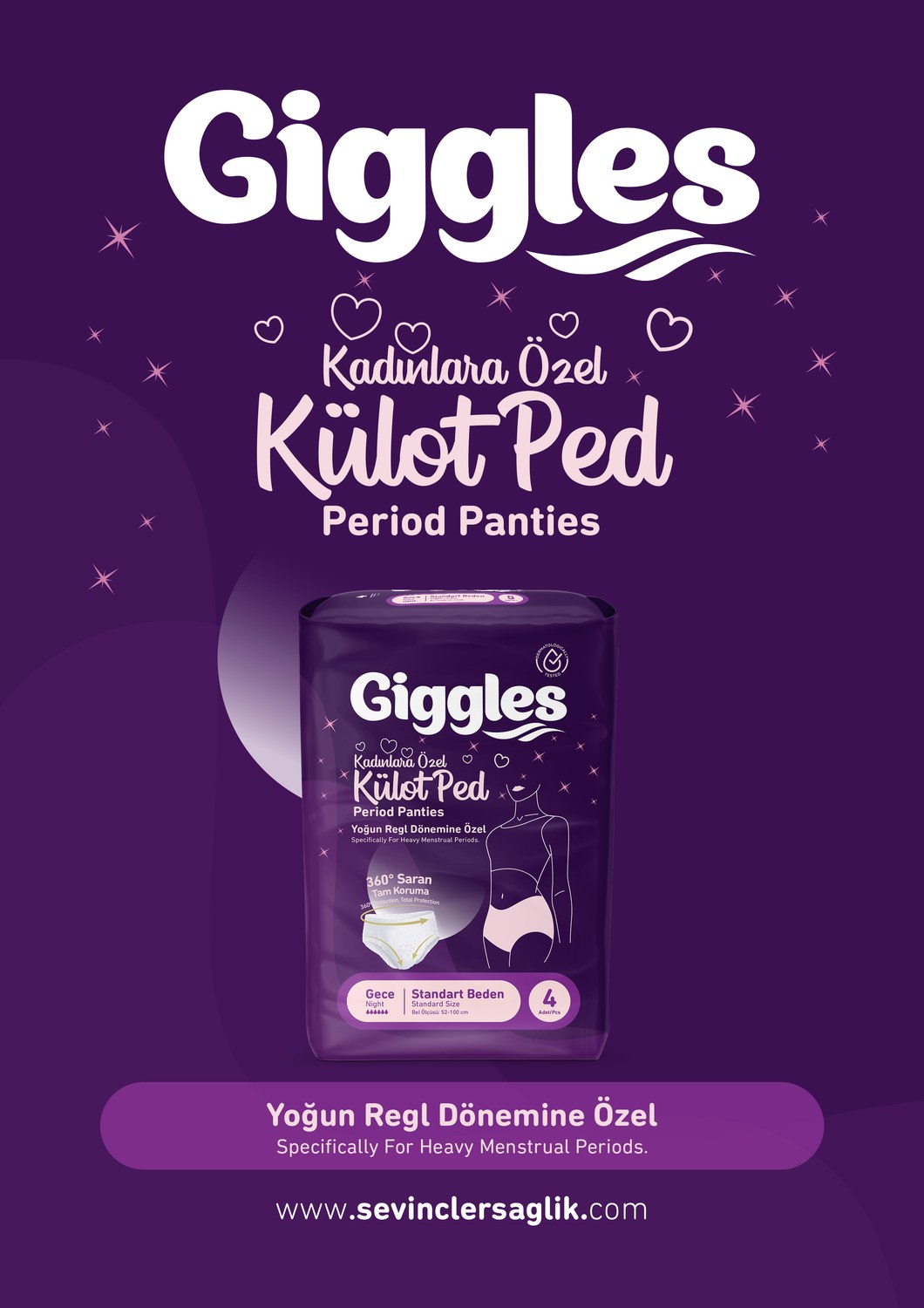 Giggles Külot Ped paketini gösteren mor tanıtım afişi
