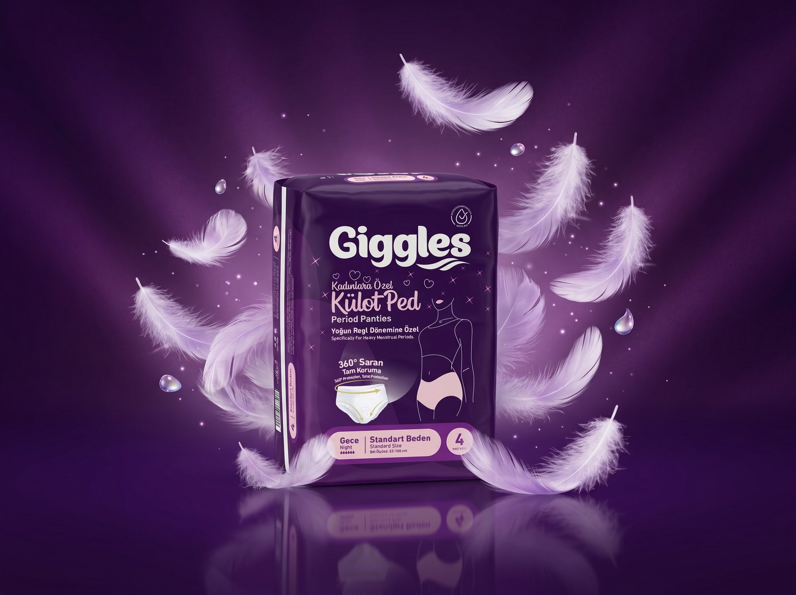 Koyu mor zeminde tüylerle çevrelenmiş Giggles Külot Ped paketi